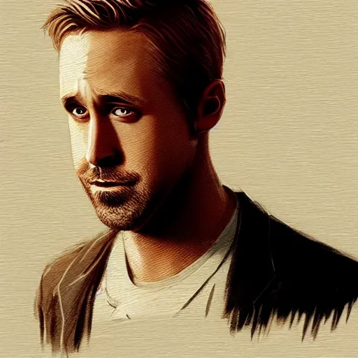 Image similar to “Portrait of Ryan Gosling by Greg Rutkowski, young, attractive, highly detailed portrait, scifi, digital painting, artstation, concept art, smooth, sharp foccus ilustration, Artstation HQ”