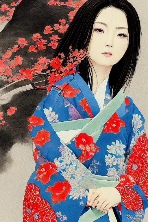 Image similar to Japanese kimono, finest digital concept art, 8k, character, realistic, portrait, photorealism, japan watercolour, masterpiece art