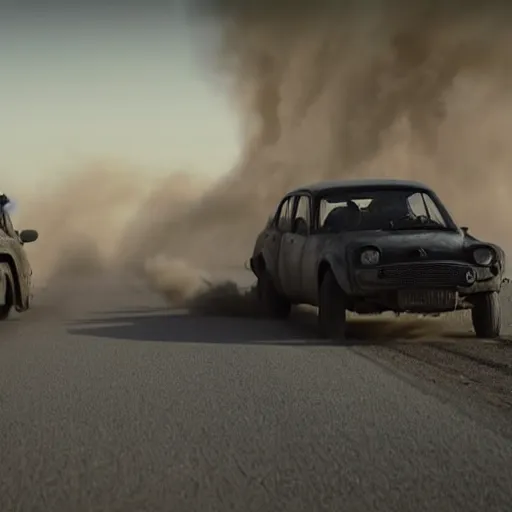 Prompt: A black car Yugo Koral 45 produced by Zastava is speeding through the post-apocalyptic dessert wasteland towards the camera, in the background a huge sand storm is raging, a movie still from Mad Max: Fury Road (2015), three-quarter shot from high angle, Oscar winning cinematography, 4k