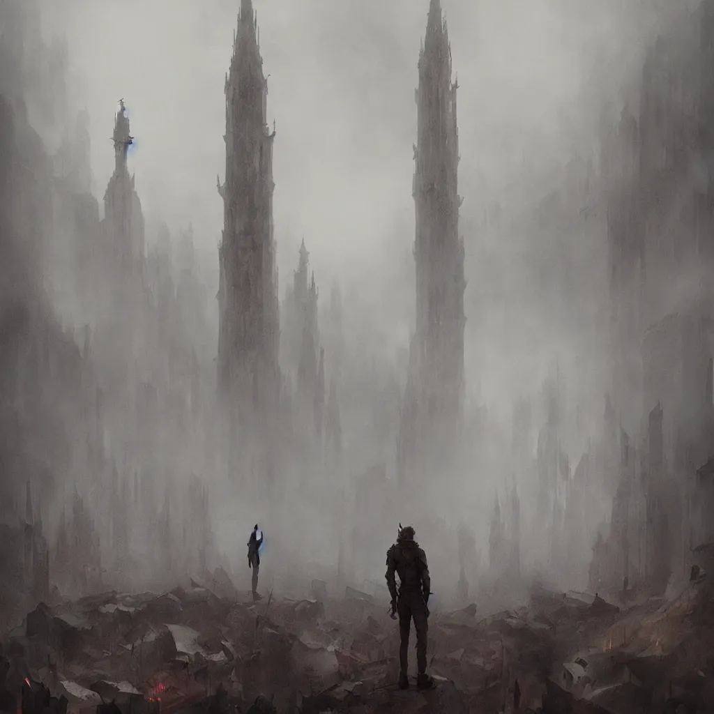 Image similar to devil, scary, magical area, foggy area, by greg rutkowski, sharp focus, man standing, tower