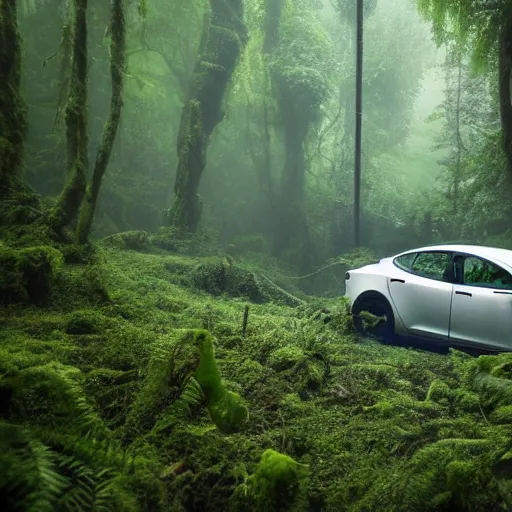 Image similar to A cinematographic 30mm shot of crashed white tesla cars resembling skeletons of whales outgrown by moss, vines and ferns, submerged in a lush and dense forest, dusk light filtering from the trees below. The scene is apocalyptic, eerie but serene, volumetric, 8k, high resolution