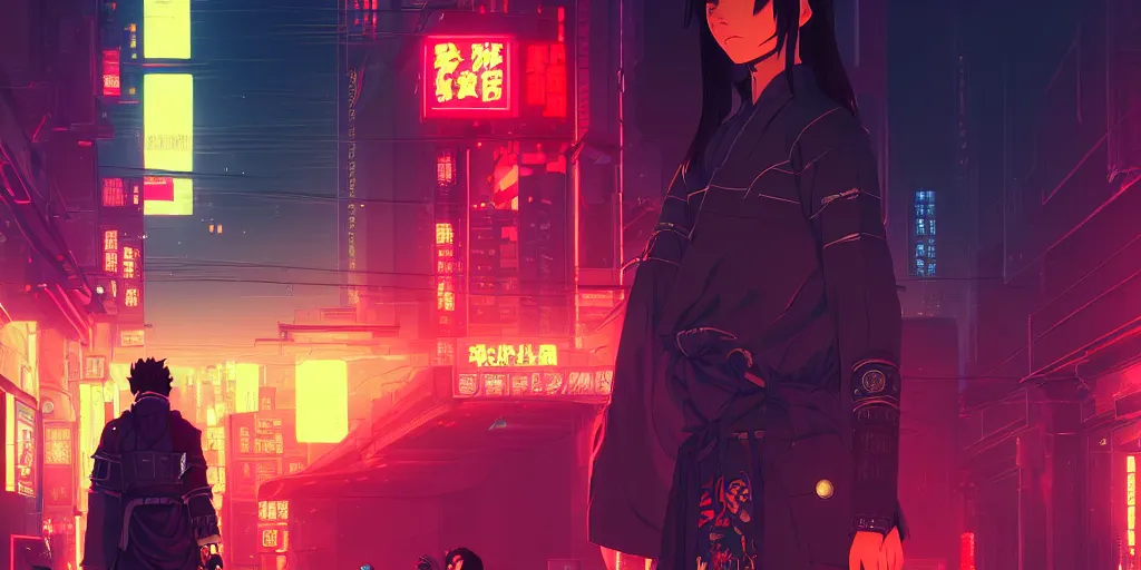 Image similar to digital illustration closeup portrait of cyberpunk samurai in city street at night by makoto shinkai, ilya kuvshinov, lois van baarle, rossdraws, basquiat | afrofuturism, in the style of hearthstone, trending on artstation | cool color scheme