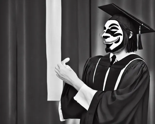 Image similar to man wearing guy fawkes mask accepts award, university graduation pose, photo, cinematic lighting