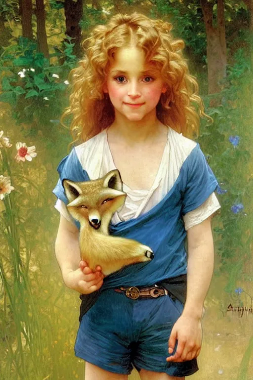 Image similar to a seven - year old with long curly dirty blonde hair, blue eyes, tan skin a tee shirt and shorts, playing with foxes, painting by daniel gerhartz, alphonse mucha, bouguereau, detailed art, accurate facial details, no blush, artstation