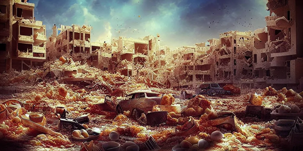 Prompt: “epic view of Hummus in Syria in destruction, ruins, trending on artstation, photorealistic, concept art, cinematographic, epic lighting”