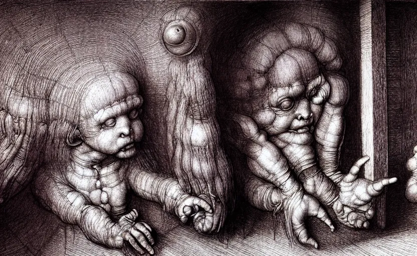 Prompt: a cosmic horror monstrosity inside of a child's bedroom, pencil drawing by leonardo da vinci, extremely detailed, disturbing, cinematic, 4 k, 8 k,