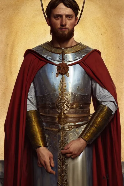 Image similar to medieval rome emperor, realistic portrait full body, symmetrical, highly detailed, digital painting, artstation, concept art, smooth, sharp focus, illustration, cinematic lighting, art by artgerm and greg rutkowski and alphonse mucha