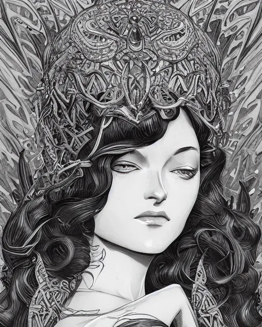 Image similar to portrait of a woman, art deco styl, e beautiful, mesmerizing, concept art, highly detailed, smooth, fantastical, cinematic, intricate linework, detailed and intricate environment, artstation, inspired by monstress, sana takeda