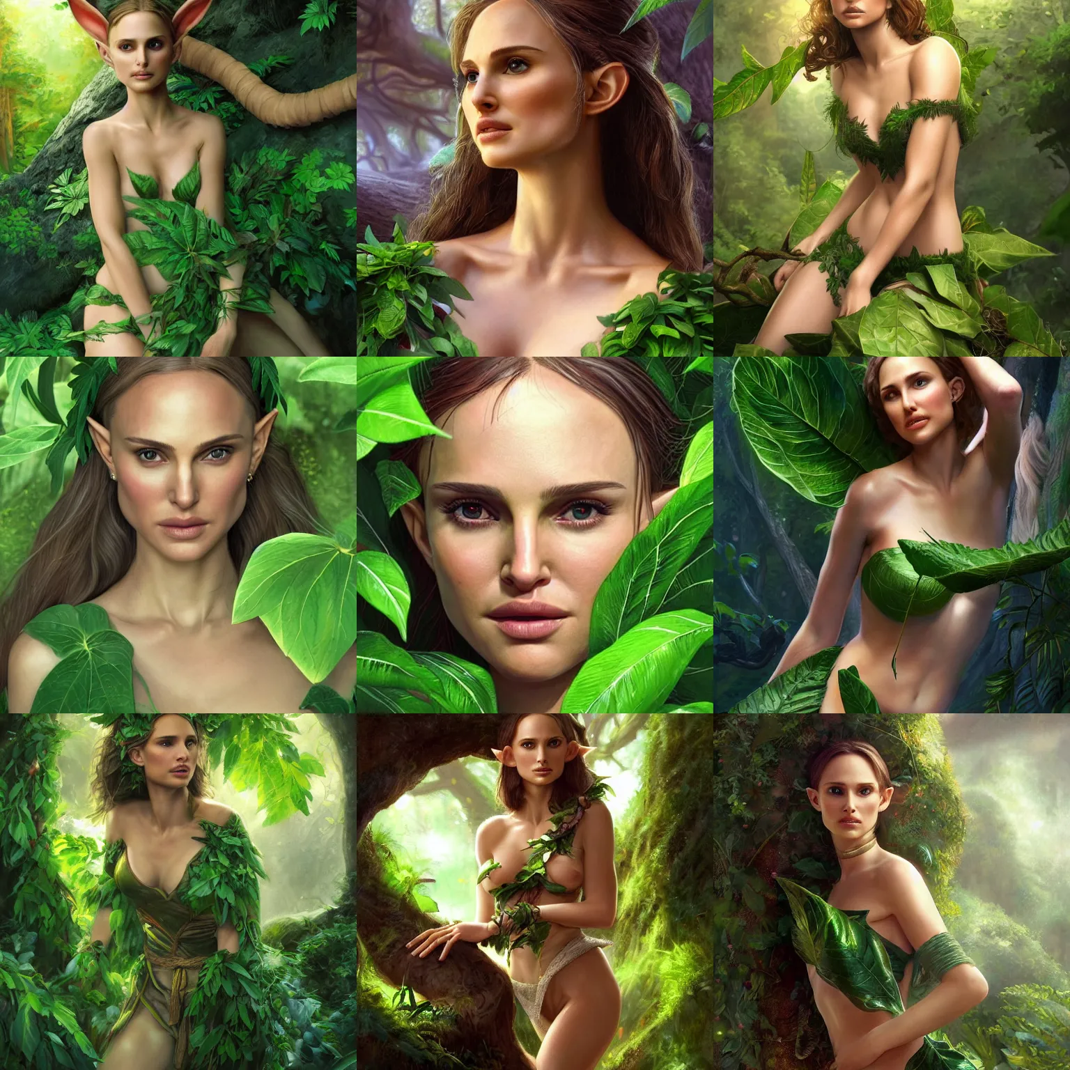 Prompt: a high-resolution photo of a beautiful elf girl (played by Natalie Portman) elegantly wrapped with green lush leaves, by Andrea Chiampo, artstation and Frederik Heyman, extremely detailed woman, stunning lighting, fantasy, 4k, scanned, by Larry Elmore, Copyright TSR 1989