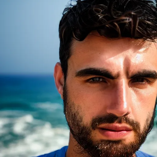 Image similar to real life photo of a Greek man, short dark hair, clean shaven, blue watery eyes, full round face, short smile, serene coastal setting, cinematic lightning, medium shot, mid-shot, highly detailed, photorealistic, 80mm, 85mm, cinematic wallpaper