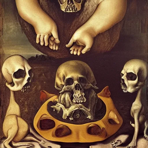 Image similar to obese dog in hell, sitting next to a human skull, renaissance painting