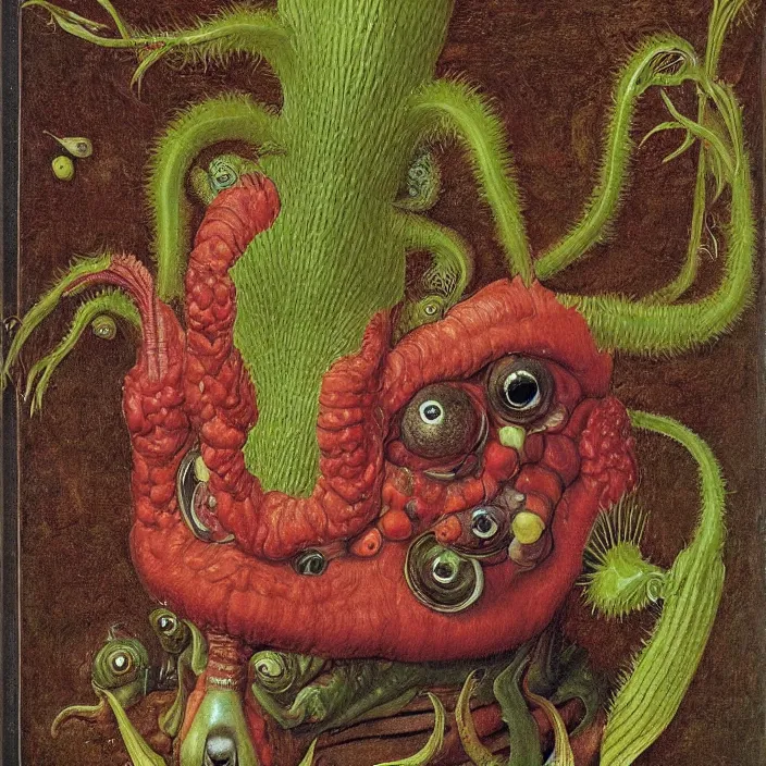 Image similar to close up portrait of a mutant monster creature with face in the shape of a colorful exotic carnivorous plant, snail - like protruding eyes. by jan van eyck, walton ford