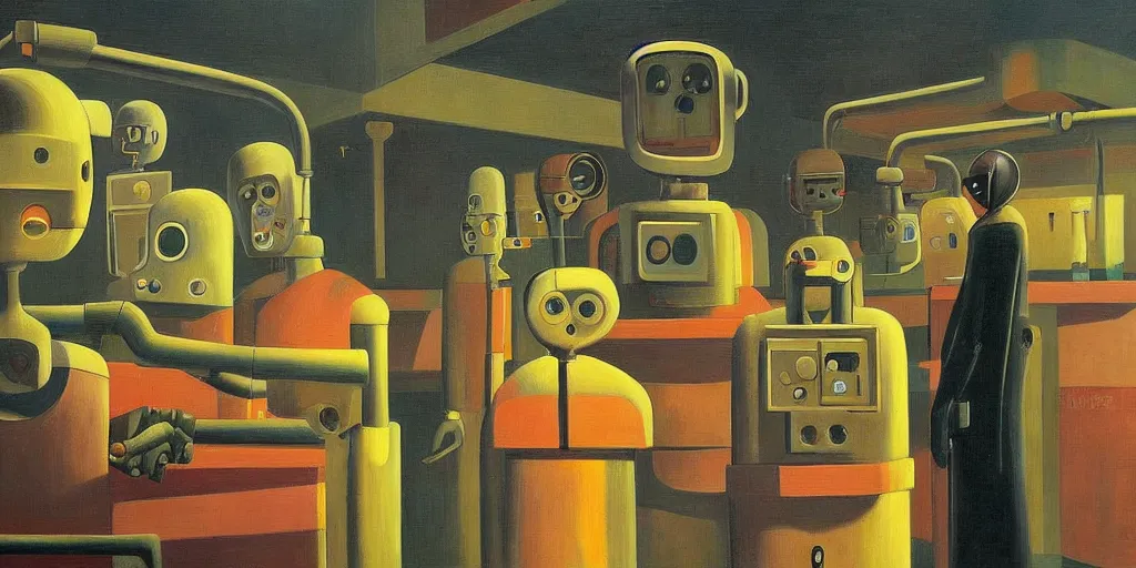 Image similar to intelligent robots at a control panel plotting our destruction, grant wood, pj crook, edward hopper, oil on canvas