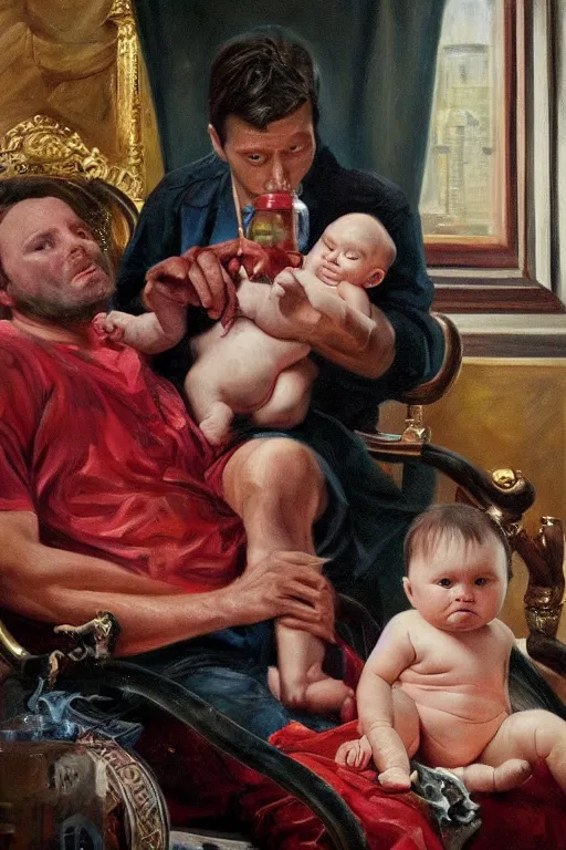 Image similar to hyper realistic oil painting of a handsome man sitting in a gilded chair with tubes coming out of his arm, getting a blood transfusion from a baby in the background. dark. masterpiece