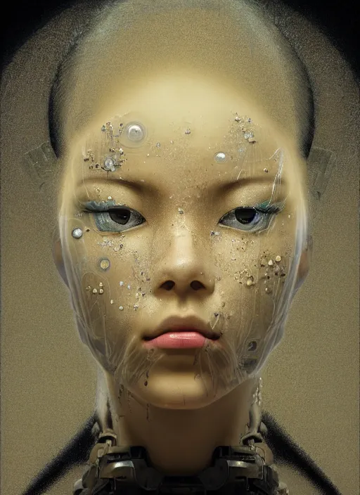 Prompt: portrait of a futuristic geisha cyborg, made from pointclouds, in the style of ghost in the shell, kintsugi, modern fine art, fractal, intricate, elegant, highly detailed, digital photography, subsurface scattering, by jheronimus bosch and greg rutkowski,