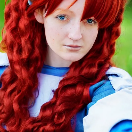Image similar to woman with long curly red hair in villager cosplay from super smash brothers video game. relaxed. realistic photo. cosplay photoshoot. high detail. convention photo.