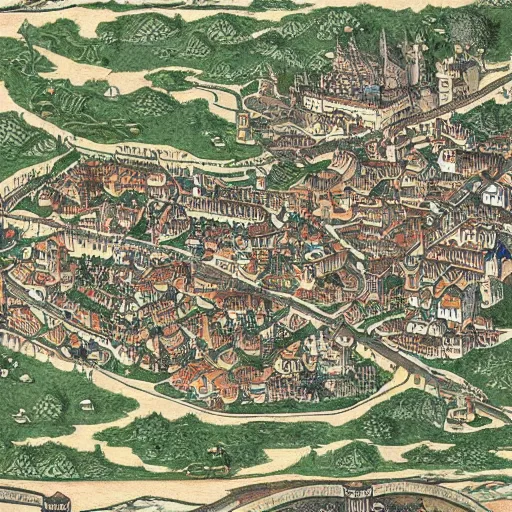 Prompt: map of bustling medieval town along a river, detailed, fantasy