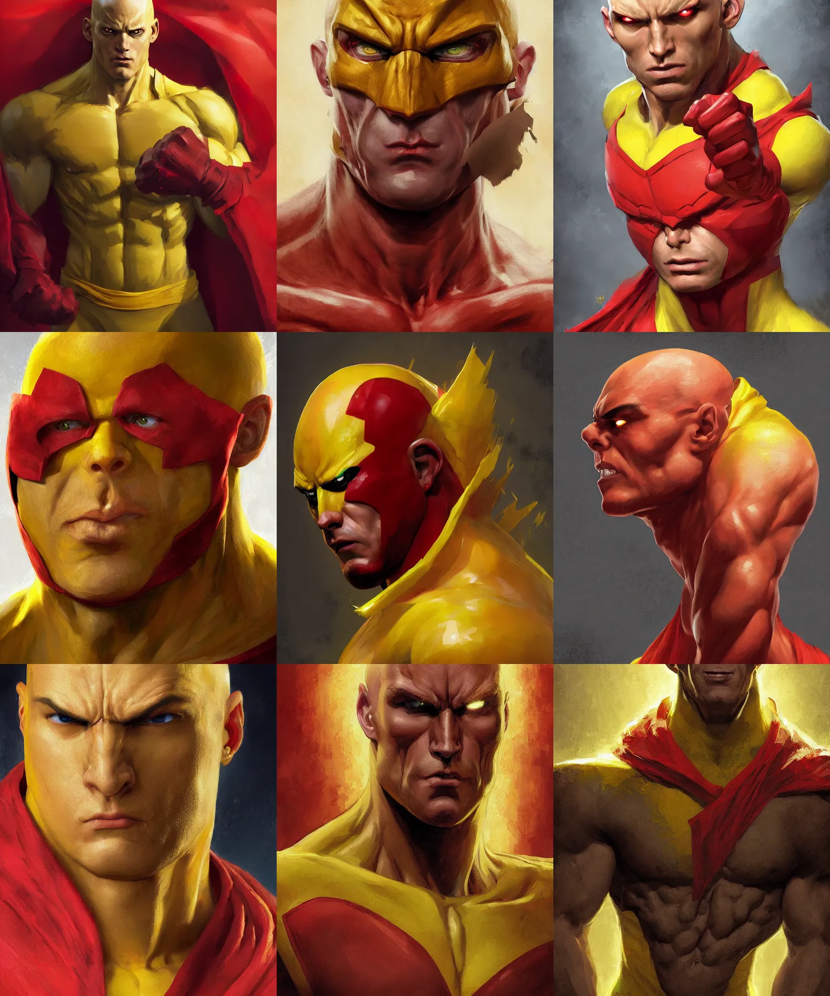 Prompt: digital art painting of a muscular bald young man, wearing a saitama costume, yellow superhero costume and a red cape, painted by craig mullins and gaston bussiere and greg rutkowski, symmetrical face, defined facial features, symmetrical facial features, dramatic lighting, close up