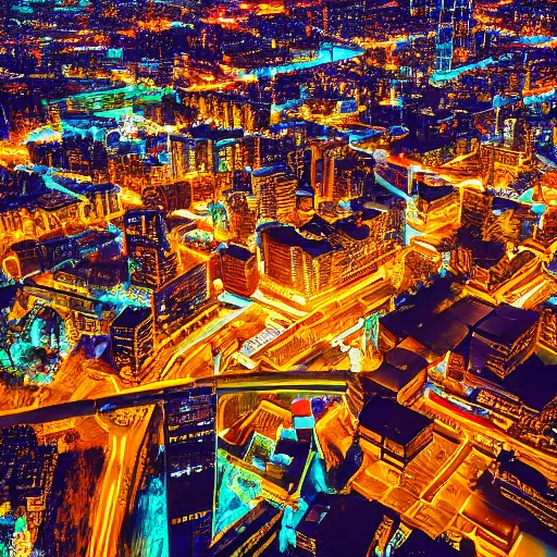 Image similar to City postsoviet area aerial view in neon light on a wide angle camera