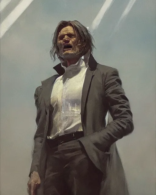 Image similar to viggo mortensen as a supervillain. fantasy art by greg rutkowski, gustave courbet, rosa bonheur, edward hopper. faithfully depicted facial expression, perfect anatomy, sharp focus, global illumination, radiant light, detailed and intricate environment, trending on artstation