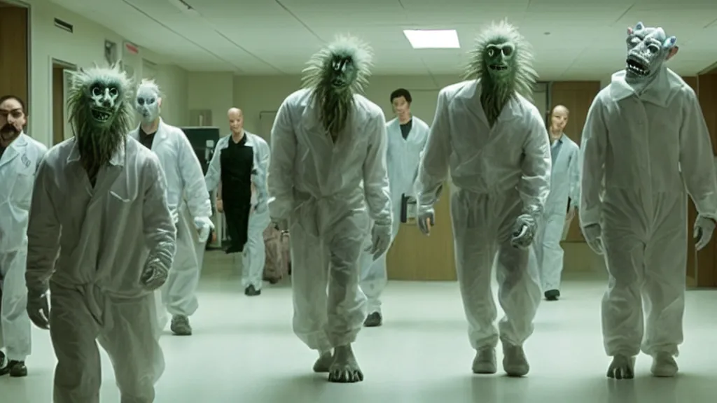 Prompt: monsters invade the hospital, film still from the movie directed by denis villeneuve and david cronenberg with art direction by salvador dali