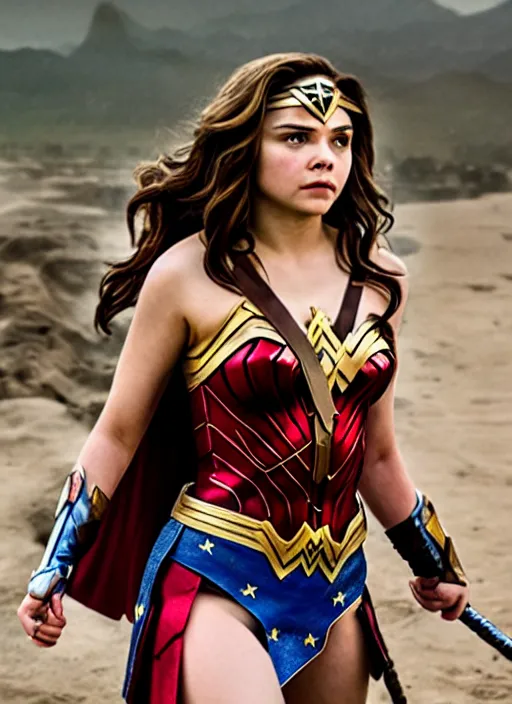 Image similar to film still of chloe grace moretz as wonder woman, 4 k