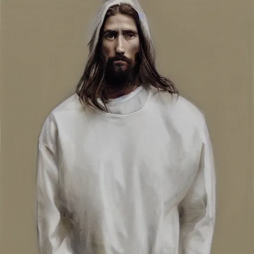 Image similar to a full body lookbook portrait of modern - day jesus wearing cream fear of god menswear collection by nicola samori, hat and hoodie, detailed, oil painting, hyper - realistic, 8 k, yeezy collection