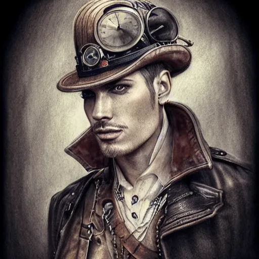 Prompt: hyper realistic pencil drawing of a man steampunk, water color, full portrait, detailed, rim light, diffused, intricate, by anna dittmann,