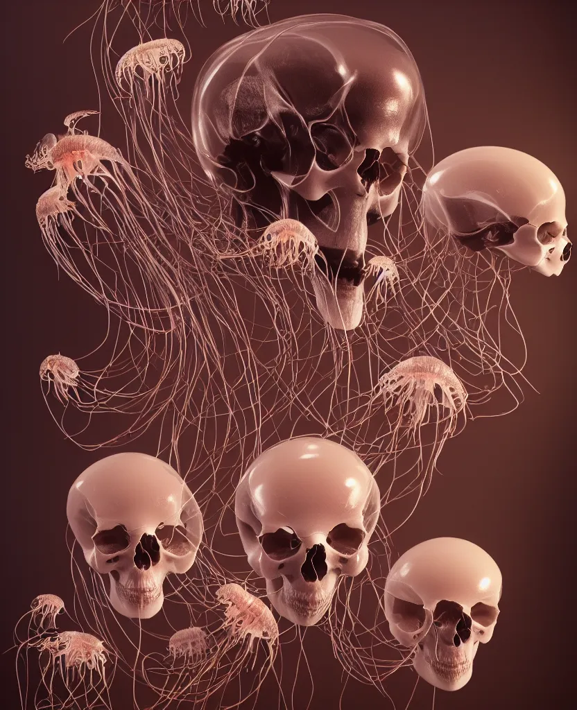 Image similar to composition of human skulls, animals skulls, bones, rib-cage. jellyfish orchids and betta fish, bioluminiscent, intricate artwork by Tooth Wu and wlop and beeple. octane render, trending on artstation, greg rutkowski very coherent symmetrical artwork. cinematic, hyper realism, high detail, octane render, 8k