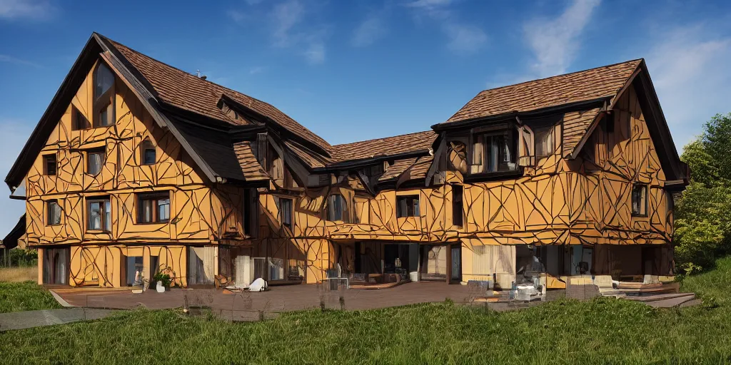 Prompt: a modern half - timbered house on the foot of elbrus mountain a digital rendering by schelte a bolswert, featured on polycount, de stijl, reimagined by industrial light and magic, angular, symmetrical