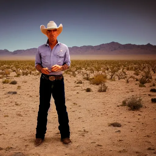 Image similar to cinematic shot of jeffery epstein wearing cowboy clothes and standing in the mojave desert, very detailed, very intricate, dslr,
