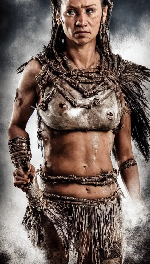 Prompt: sweated ancient princess tribewoman ready to fight, partially destroyed armor inspired monster hunter, low shot camera, muscular, symmetrical face, clean face, subtle make up, debris and arrows flies around her, frozen time effect,dramatic lighting, cinematic, establishing shot, extremely high detail, photorealistic, 300 the movie,monster hunter the movie, dune the movie, cinematic lighting, artstation, octane render, western,old photo, vintage