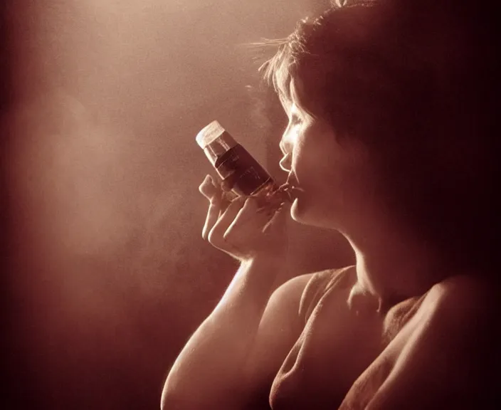 Prompt: the smoking woman in the bar with wisky bottle, 35mm double-exposure photo, dramatic soft light, deep shadows and colors, photorealistic, detailed smoke and dust, natural textures, sensual, calming, depth of field, ambient occlusion, motion blur, HD, masterpiece, volumetric, chromatic aberration by Richard Avedon, style of Ade Santora, perfect composition, masterpiece, intricate detailed