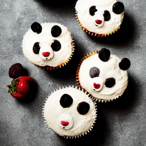 Prompt: cupcakes looking like panda faces, food photography, centered, bokeh, studio lighting