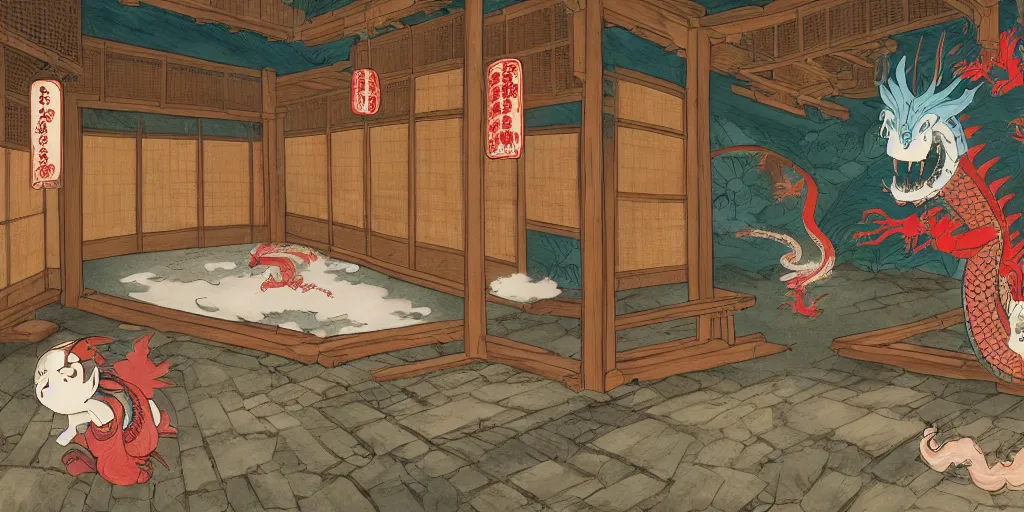 Image similar to an edo - period japanese bath - house filled with wacky characters and spirits. a stunned dragon has crashed through the wooden wall. fantasy art, painting, by studio ghibli, hayao miyazaki, high resolution wallpaper, colorful painting