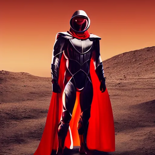 Image similar to tall muscular infantry man in glossy sleek white armor with a few red details and a long red cape, heroic posture, on the surface of mars, night time, dramatic lighting, cinematic, sci-fi, hyperrealistic, movie still