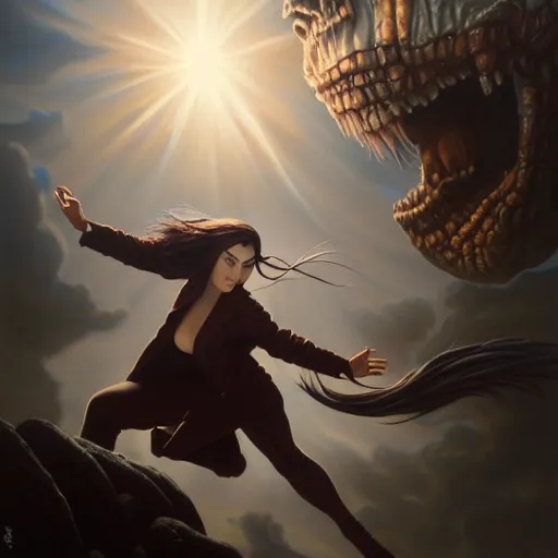 Prompt: highly detailed painting of sasha grey fighting a looming demigod, dramatic, sense of scale, stephen bliss, unreal engine, greg rutkowski, ilya kuvshinov, ross draws, hyung tae and frank frazetta, tom bagshaw, tom whalen, nicoletta ceccoli, mark ryden, earl norem, global illumination, god rays, windswept