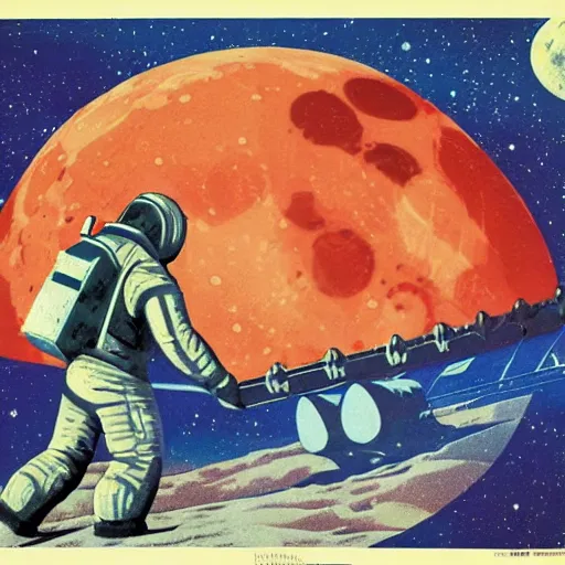 Image similar to Soviet space propaganda poster about planting large marijuana fields on the moon