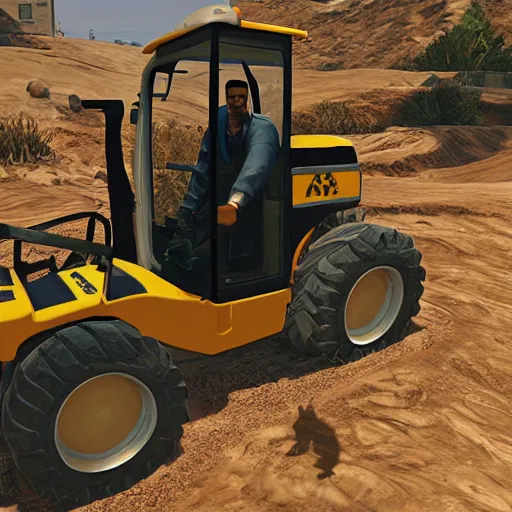 Prompt: Bald man operating an excavator, GTA V poster style