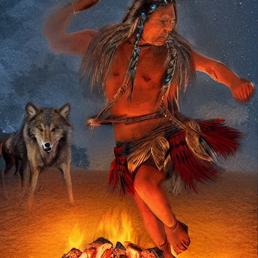 Image similar to Native american dancing around a fire with wolves, hd, tribal, intricate, 8k, digital art