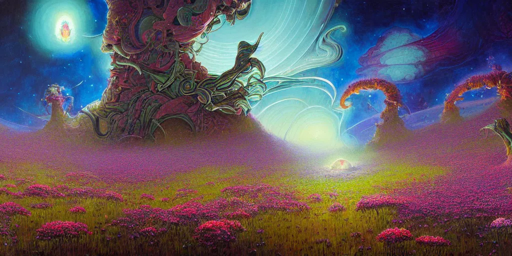 Image similar to a beautiful painting of a large alien shrine shrouded by mystic nebula magic in a field of flowers by moebius and android jones, oil on canvas sharp, details, hyper - detailed, hd, hdr, 4 k, 8 k