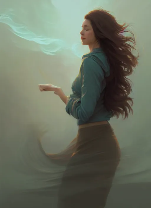 Prompt: handsome young women with shoulder length brown hair, smoke, foggy, half body shot, path traced, highly detailed, high quality, digital painting, alena aenami, lilia alvarado, shinji aramaki, karol bak, alphonse mucha, tom bagshaw