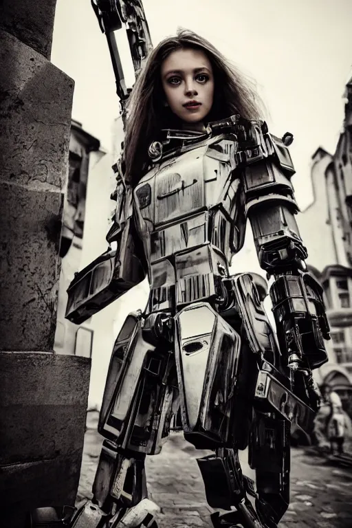 Prompt: portrait cinematography of beautiful young female, clothed in sci-fi military armor, long hair blowing in the wind. Giant mechs in the street. by Anita Sadowska