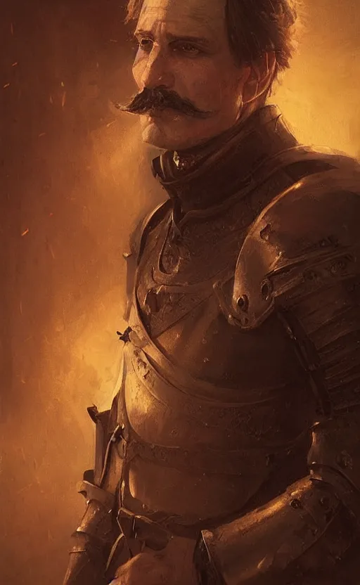 Image similar to Portrait of a middle aged Knight with a moustache, male, detailed face, fantasy, highly detailed, cinematic lighting, digital art painting by greg rutkowski