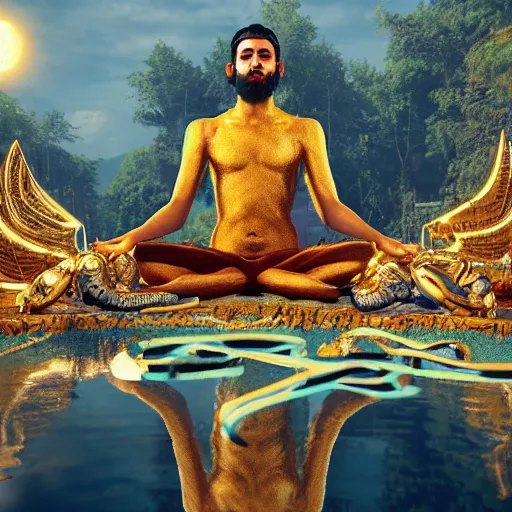 Prompt: meditating man in the center, giant snake with golden letters on its scales flying around the man, ultra-hd ray-traced reflections, fantasy style, insanely detailed, hyper-maximalist, hyper-realistic, super-detailed, 8k