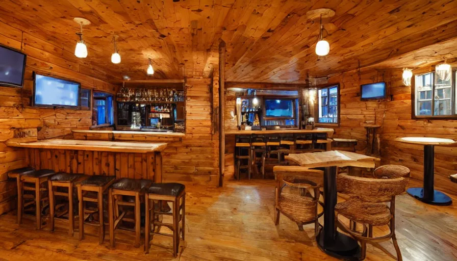 Image similar to empty cozy bar in small cabin, warm, outside winter landscape