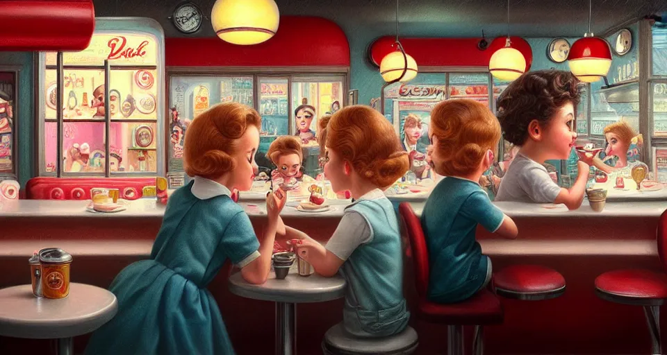 Image similar to closeup profile portrait of a 1 9 5 0 s diner, nicoletta ceccoli, mark ryden, lostfish, max fleischer, hyper realistic, artstation, illustration, digital paint, matte paint, vivid colors, bright, cheerful, detailed and intricate environment