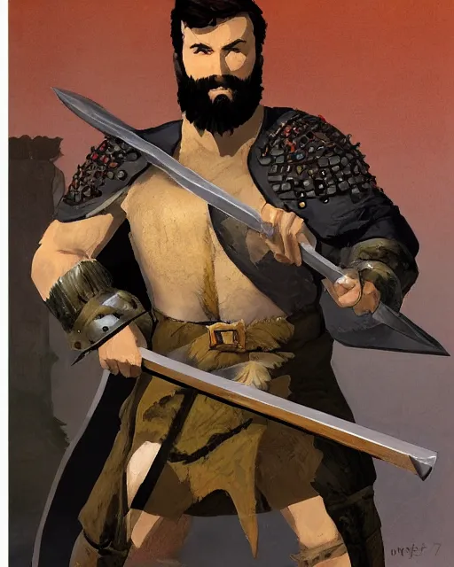 Image similar to hardwon surefoot, hirsute level 2 0 dnd human fighter wielding magical war hammer. full character concept art, realistic, high detail digital gouache painting by angus mcbride.