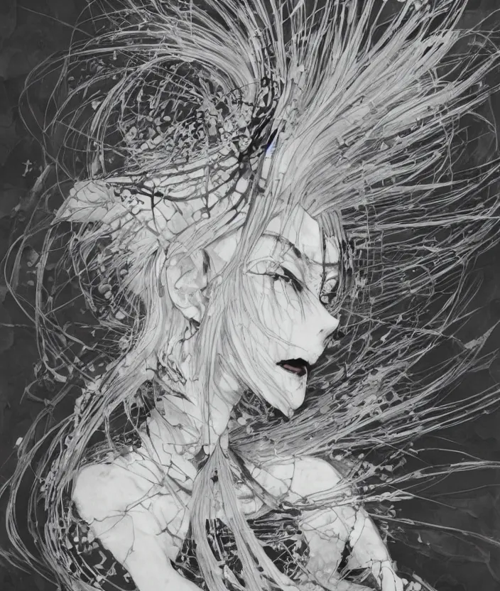 Image similar to Yoshitaka Amano realistic illustration of an anime girl with white hair and cracks on her face wearing dress suit with tie fluttering in the wind, abstract black and white patterns on the background, noisy film grain effect, highly detailed, Renaissance oil painting, weird portrait angle