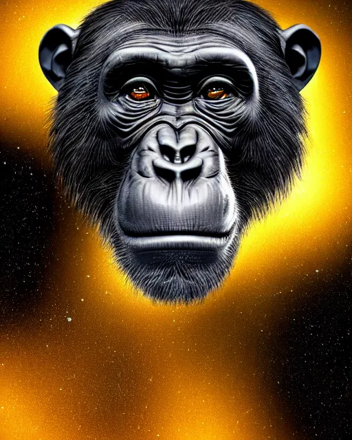 Image similar to very detailed high resolution illustration portrait of a chimpanzee head floating in space, backlit, night covered in stars, 3 d, 8 k, extremely detailed, artstation, furaffinity award winning